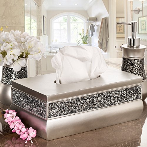 Image of Crackled Glass Silver Tissue Box Cover Rectangular - Decorative Bling Tissue Box Holder With Beautiful Mosaic Glass - Elegant Tissue Holder For Bathroom With Durable Bottom Slider (Silver Collection)