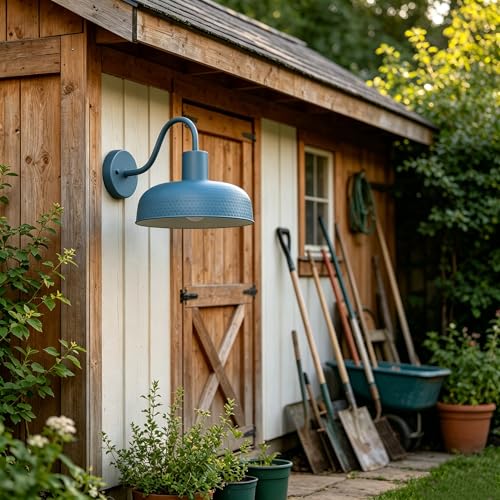 Image of Darkaway Solar Barn Light, Industrial Outdoor Wall Light Dusk to Dawn Wall Sconce Gooseneck Exterior Wall Mount Lighting Fixture with Hammered Dome Metal Shade for House Garage Porch Entry Shed