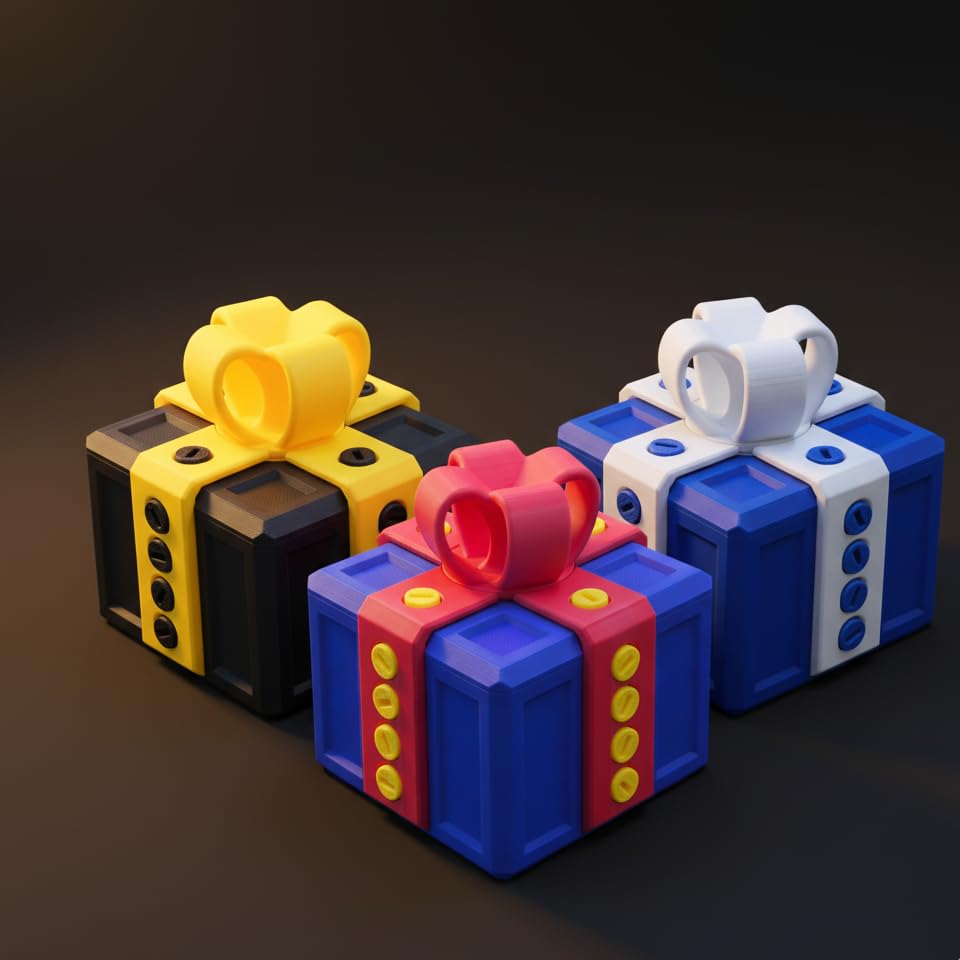 sofarefinish 3.14'' Annoying Gift Box, Multicolor 3D Printed Prank Box, Prank Box Set, 3 Count (Blue with Red, Blue with White, Black with Yellow)