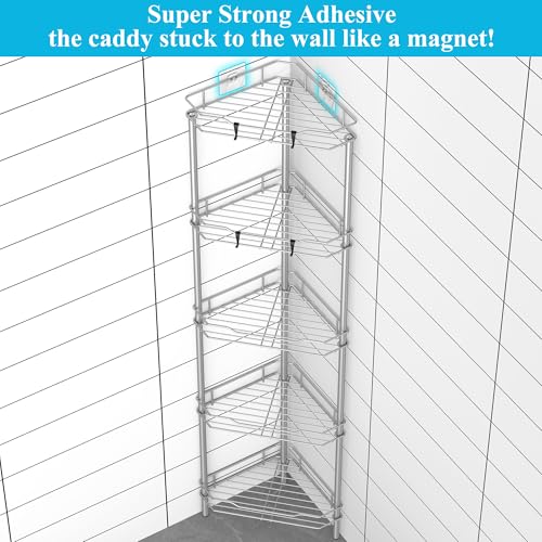 Image of HuggieGems 5 Tier Floor Standing Corner Shower Caddy Organizer Shelf with Hooks, Bathroom Shelves Stand Rack, Gray