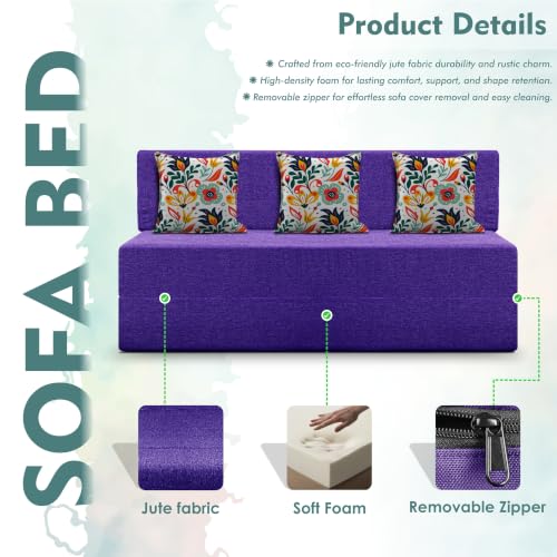 Image of Los Angeles Foldable Three Seater Sofa Cum Bed, Sofa Bed 5 X 6 Feet Jute Fabric Washable Cover- Including Cushion Perfect for Living Room - Purple