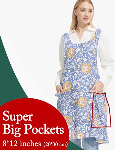 Image of Cozy Adjustable Cross Back Aprons for Women with Pockets Cotton Linen Cooking Kitchen Baking