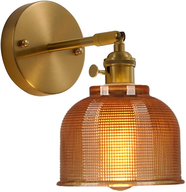 Retro Vintage Bedside Amber Glass Wall Lamp Sconces Gold Brass Switch with Thick Glass Lampshade Wall Light Fixtures for Bedroom(Amber)