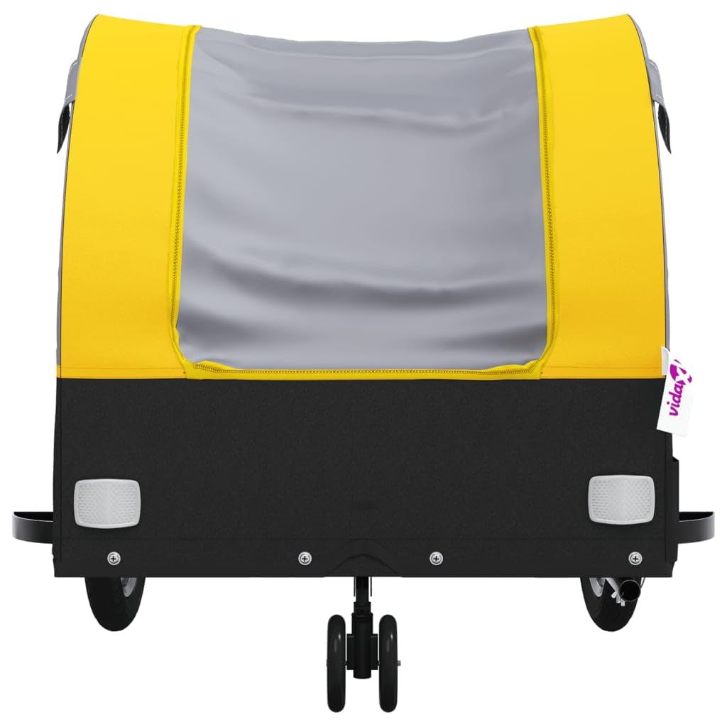 Remolque de bicicleta plegable de hierro negro y amarillo con capacidad de carga de 30 kg, con enganche y bandera de seguridad para transportar equipaje, perro, niño, camping, ciudad y al aire libre