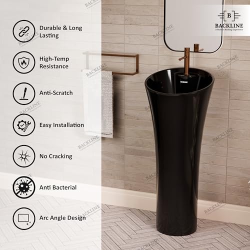 Image of B BACKLINE Ceramic Design Pedestal Wash Basin Free Standing Wash Basin Bowl Sink Round For Living Room & Bathroom 15 X 15 X 35 Inch (Black Glossy)