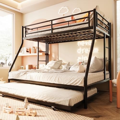 SUNLEI Bunk Bed Twin Over Full with Trundle, Twin Trundle Bed with Daybed, Metal Bunk Bed with 2 Secured Ladders, Safety Guard, Noise Free for Small Bedroom, Black (with Trundles, Twin Over Full)