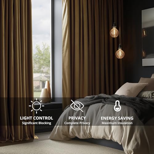 HPD Half Price Drapes Signature Velvet Thermal Blackout Curtains for Living Room 96 Inch Long (1 Panel) Rod Pocket Insulated Blackout Curtains for Bedroom Window Curtains, 50W x 96L, Amber Gold