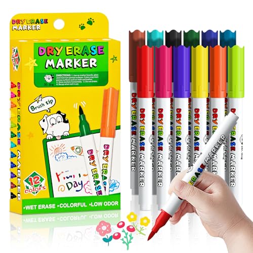 DD.DOG Washable Dry Erase Markers for Kids, 12 Colored Non-Toxic Brush Tip Whiteboard Markers, Low-Odor White board Markers Set for Classroom, Home & School Art Supplies (12 Pack)