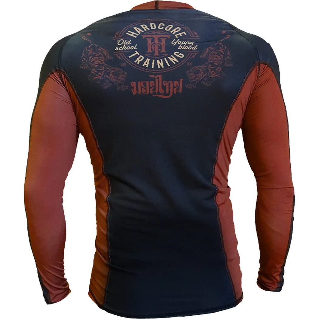 Hardcore Training Rash Guard Mężczyźni Kompresja Koszulka Długi Rękaw BJJ MMA No-Gi Obcisła Grappling Boks (DE/NL/SE/PL, Alfa, S, Regularny, Regularny, Brązowy)