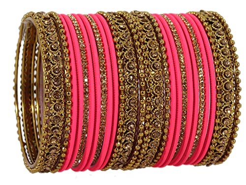 NMII Metal With Zircon Gemstone Studded Glossy Finished Traditional Bangle set for Women and Girls, (Watermelon-Stawberry_2.8 Inches), Pack Of 28 Bangles