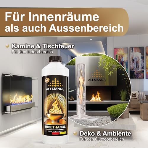 Allmanns Bioethanol 1l 100% | Bio Ethanol 100 Prozent | Reiner Bioalkohol geeignet für Indoor & Outdoor | ideal für Tischkamin Tischfeuer Kaminofen Feuerstelle Feuersäule