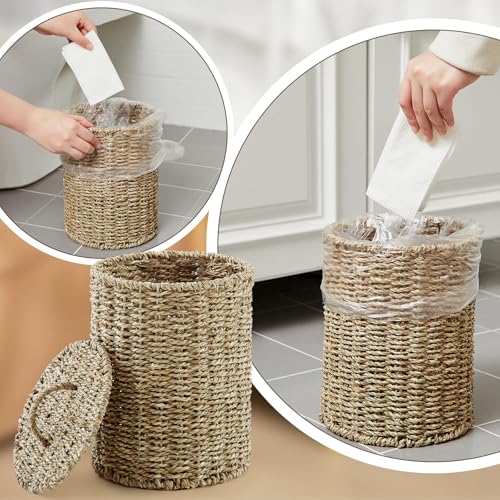 Image of Ctosree 1.3 Gallons Small Trash Can with Lid Handle Boho Woven Braided Bathroom Waste Basket Trash Can with 100 Garbage Bags for Bedroom Office Laundry(Primary Color,Braided Straw Rope,Round)