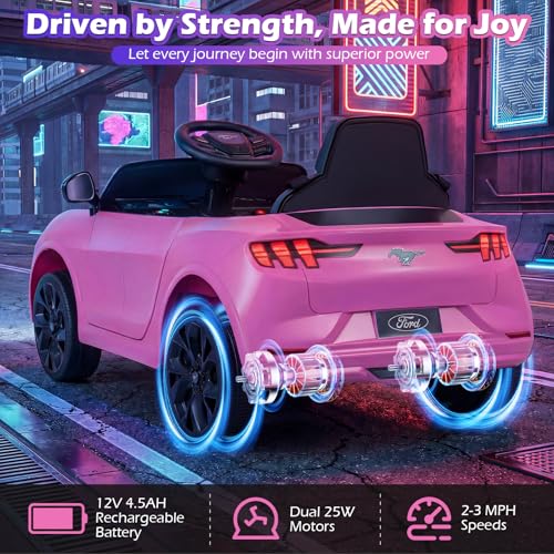 Image of Costzon Ride on Car, 12V Licensed Ford Mach E Kids Electric Vehicle with Parent Control, LED Lights, Horn, Music, Wireless Connection & Spring Suspension, Kids Car Toy for Girls Boys (Pink)
