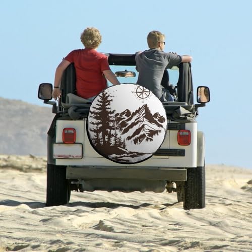 Image of Camper Spare Tire Cover 13 Inch Mountains with A Compass Polyester Universal Spare Wheel Tire Cover Wheel Covers Wildlife Compass Universal Fit for Trailers SUV Truck Camper Travel