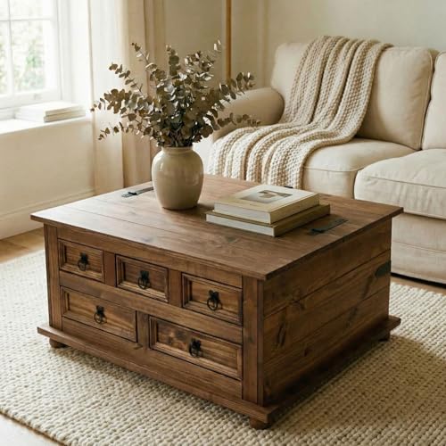 IDIMEX Table Basse de Salon Tequila Coffre Malle de Rangement rectangulaire en Bois Style Mexicain avec 5 tiroirs, en pin Massif lasuré Brun