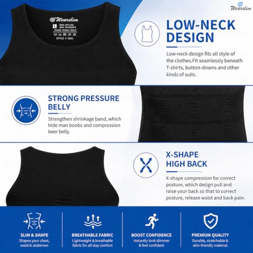 Image of Wearslim Men Compression Shirt For Workout Vest Abs Abdomen Slim Body Shaper Undershirt Slimming Shirt to Hide Gynecomastia Stretchable Tummy Tucker Vest - Pack of 2 - (Black & White)