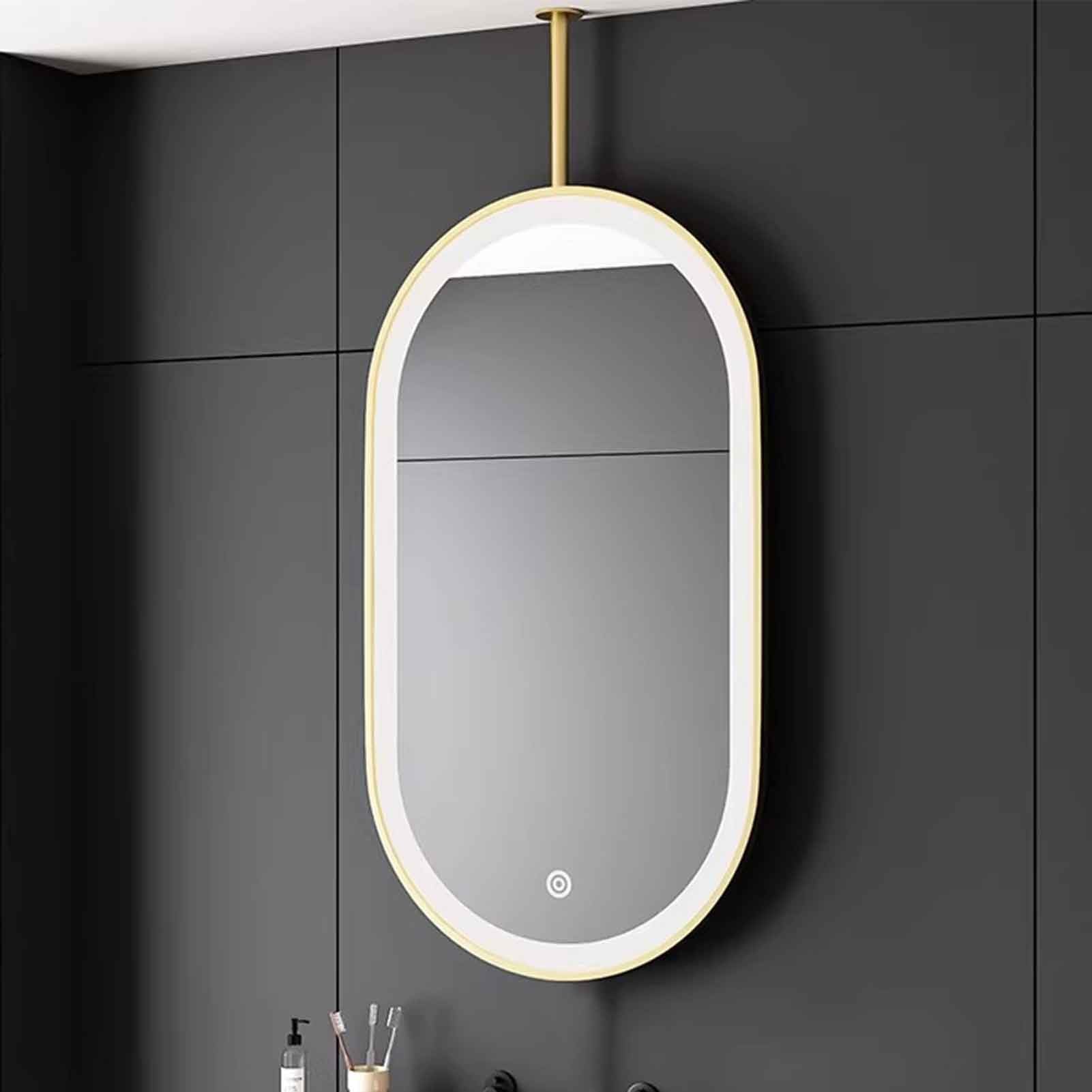 FGXHHS Ceiling Mirror with Light - Gold Oval LED Bathroom HD Hairdressing Hanging Rod Mirrors for Corridor(50cmx90cm)