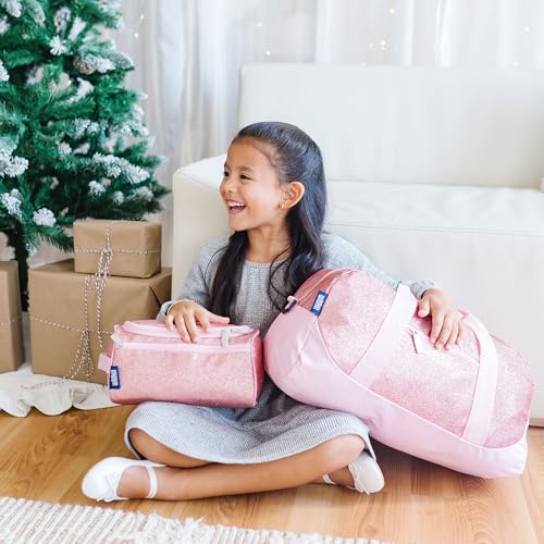 Image of Wildkin Kids Overnighter Duffel Bag - Carry-On Travel Bag for School & Sleepovers, Lightweight, Durable, Boys & Girls Ages 4-15 - Pink Glitter