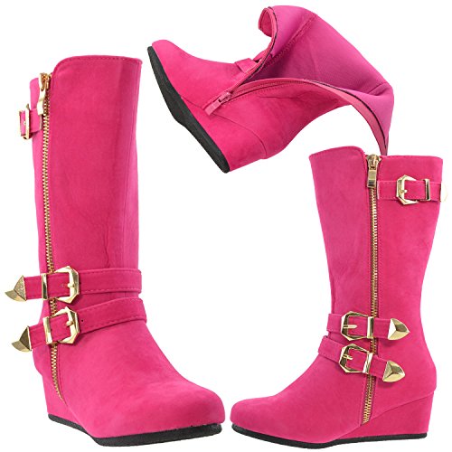 Girls Boots Mid Calf Knee High Wedge Heels Casual Shoes Buckles Zipper Fuchsia SZ 9 Toddler4
