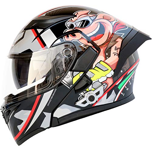 Motorcycle Bluetooth Helmet, Modular Flip-Type Double Sun Visor Full Helmet, DOT Certified Helmet, Built-in Mp3 FM Broadcast Integrated Intercom Communication System AQ,M 57-58CM