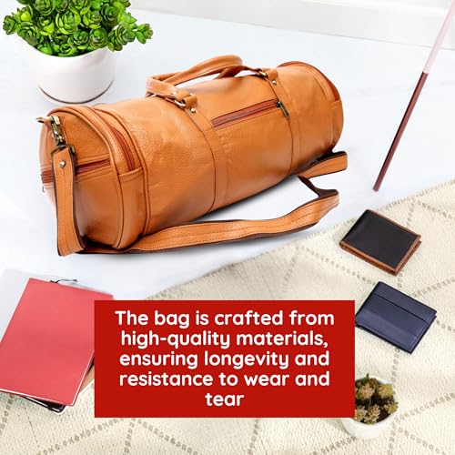 Men's Leather Duffel Travel Gym Sports Overnight Weekend Leather Bag (Light orange)4