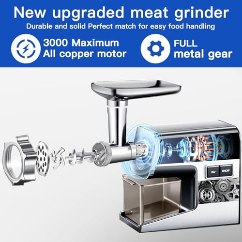 Image of Electric Meat Grinder,3000 Max 304 Stainless Steel Meat Mincer Accessories with 2 Blades,3 Grinding Plates,3 Sausage Stuffer Tubes & Kubbe Kit for Home & Kitchen Use