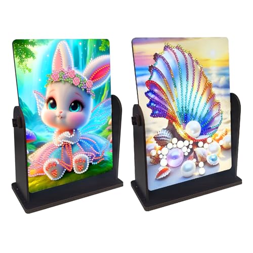 BAYUNOE 2Pcs Diamond Art Mirror Kit, Rotatable Wooden Desktop Dressing