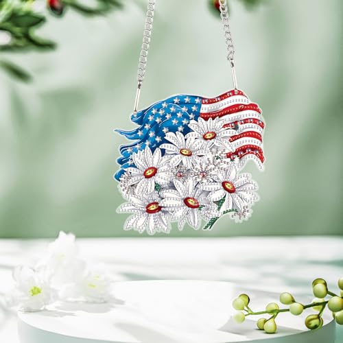 Image of AiYuanzsh Patriotic Diamond Painting Hanging Ornament, American Flag with White Daisies, DIY 5D Diamond Art Pendant Kit with Chain, Independence Day Crystal Suncatcher Home Decoration Craft