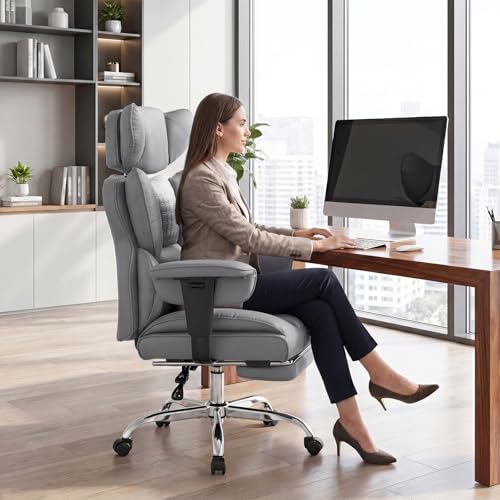 Image of DUMOS Big and Tall Home Office Desk Chair, Ergonomic Executive Chair with Footrest, Computer Gaming Chairs with High Back Reclining, Adjustable Armrests and Comfy Lumbar Support, PU Leather, Grey