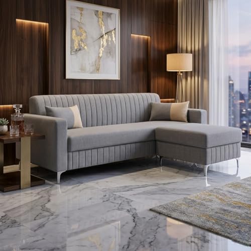 Image of SOCOZI Anton 4 Seater L Shape Sofa Set with Movable Ottoman | Flexible Left or Right Layout | Soft Velvet Suede Fabric | Modern Design | Plush Comfort Cushions for Living Room (Light Grey)