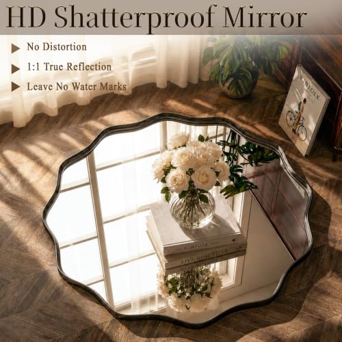 Image of VooBang Black Scalloped Circle Mirror 20 inch Wavy Edge Round Wall Mirror