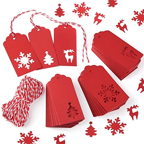 150 pièces étiquettes Cadeaux Bricolage,Cadeau étiquettes en Papier Kraft, Corde de Chanvre, Cartes-cadeaux, Utilisées pour Noël (Red) Cover