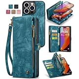 For 2023発売モデルiPhone 15Pro分離式ケースiPhone 15PROケース手帳型ストラップ付きビジネス風PUレザーワイヤレス充電と車載 マグネット取り外し自由大容量収納 小銭入れ(小銭やイヤホン、コインなど収納可能)財布合一ケース【MYH】アイフォン15プロお洒落 人気男性 おしゃれ 耐汚れ衝撃吸収 ファスナー設計/おつり/コイン/カード収納お財布機能付スマホケース(ブルー)