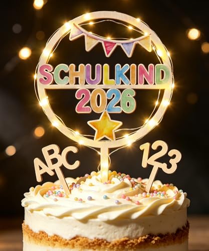 Tortendeko Einschulung mit LED Lichterkette Holz Schulkind 2026 Cake Topper ABC 123 Kuchen Deko Kuchendeko Schulanfang Einschulung Deko Mädchen Junge Geschenk