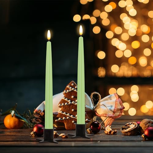 Image of CVHOMEDECO. Flameless Taper Candles with 10-Key Remote, Battery Operated Led Flickering 3D Wick Window Candles Real Wax Finished Home Christmas Party Decor 0.78 x 11 Inch, Pack of 2, Light Green