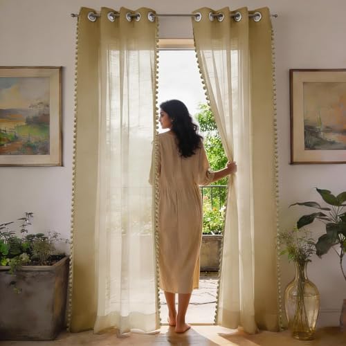 Image of Urban Space Sheer Solid Curtain for Door, 35-40% Room Darkening Curtain with Tieback and Eyelet Hanging Style, Set of 1 Decorative Curtains for Home Decor (Taupe with pom pom, 7 feet)