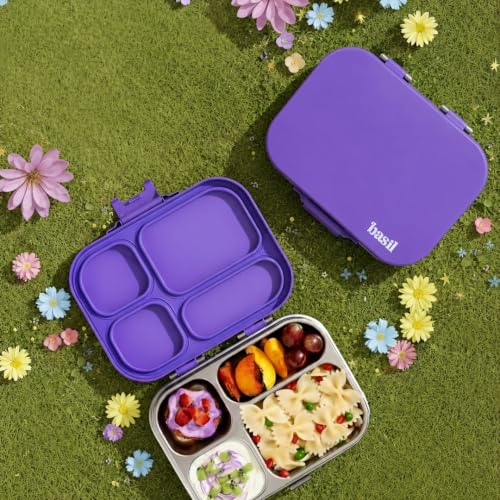 Image of Basil Bento Box Quad - 4 Compartment Stainless Steel Lunch Box with BPA-Free Plastic Lid | 800 ml Leak-Proof Tiffin Box for Kids & Adults | Premium School, Office, and Picnic Lunch Box - Purple Pop