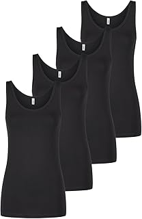 ONLY Onllive LUV Women's Cotton Stretch Slim Fit Tank Top, Set of 4, Basic Shirt, Crew Neck Tank Top, Sleeveless Tops, Plain Black, White, Beige, Red, Green, Blue, Navy, S, M, L, XL, XXL