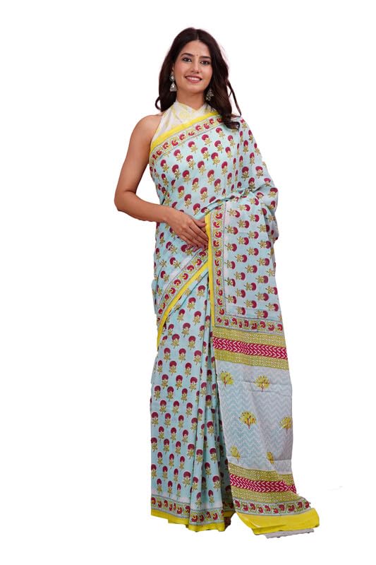 Block Print Women's Cotton Mulmul Saree Multicolor SH-1939-image-30
