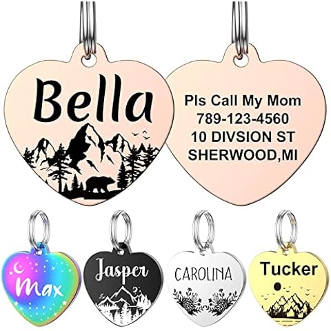 Pet ID Tags, YEHANTI Personalized Dog Tags and Cat Tags, Heart Shape Double Sided Engraved Dog Name Tag, Stainless Steel Pet Tags for Dogs and Cats, Custom Dog Tags with Various Designs, Rose Gold Cover