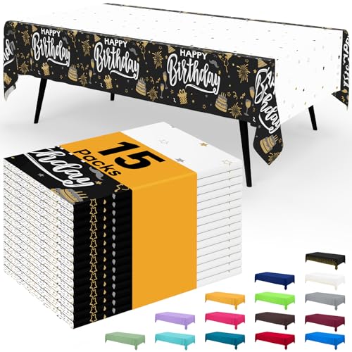 Image of Smiry Disposable Table Cloth - 15 Pack, 54 x 108 Inch Waterproof Rectangle Tablecloths for Parties, Decorative Plastic Table Cover, Leakproof & Sturdy, Black & White