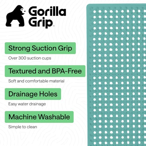 Image of GORILLA GRIP Patented Bath Tub Shower Mat, Machine Washable Bathtub Floor Liner Mats, Suction Cups and Drain Holes to Keep Tubs Clean, Soft on Feet, Bathroom Essentials, 35x16 Inch, Turquoise Opaque