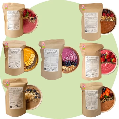 süssundclever.de® Bio Probierset Smoothie Bowls | 700g (7 x 100g) | Schokolade, Erdbeere, Himbeere, Datteln, Mango & Blaubeere | vegan | Fertigmischungen | ohne Zuckerzusatz oder Aromen
