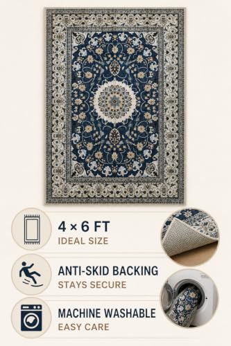 Image of CASA-NEST Luxury Velvet 4x6 ft Area Rug, Anti-Skid Backing, Lightweight Foldable Ornamental Carpet for Home Decor - Cream Vintage Floral