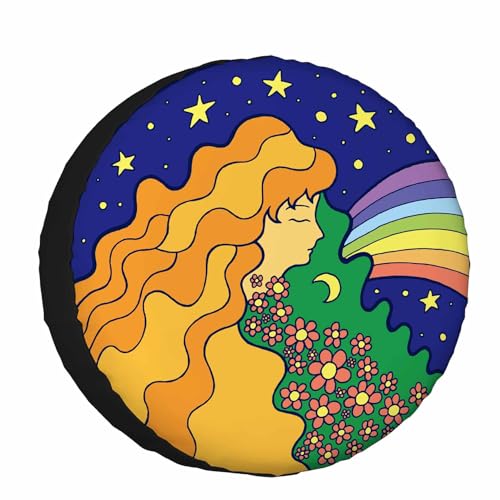 Image of Girl Stars Moon Night Sky and Rainbow Spare Tire Cover Psychedelic Hippie Girl with Golden Hair Wheel Covers for RV Tires Camper Tire Case Protectors for Trailer Rv SUV Truck Travel Trailer 15 in