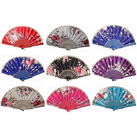 REINDEAR Multi-Pattern Decoration Fabric Flower Print Foldable Silk Lace Trim Hand Fan (3 Pcs, Silk) Cover