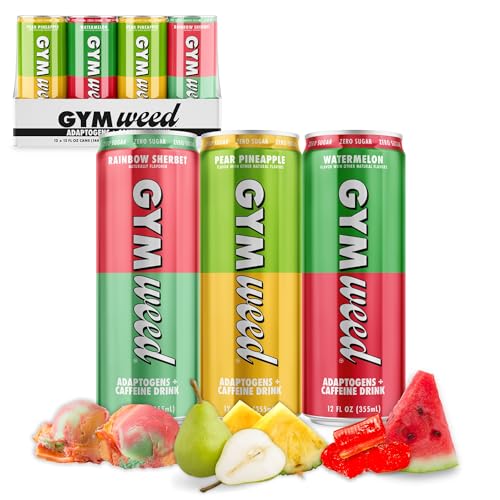 GYM WEED Caffeine + Adaptogen Drink with 200mg Caffeine from Green Tea, Ashwagandha, Lions Mane Mushroom, L Theanine, B Vitamins, and Electrolytes, Zero Sugar Drinks, Variety Pack, 12 Pack
