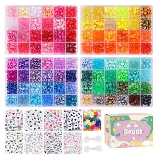 QUEFE 3250pcs Pony Beads Set, Kandi Beads 2400pcs Rainbow Beads in 96 Colors, 800pcs Letter Beads and Heart Beads with 20 Meter Elastic Threads for Bracelet Jewelry Necklace Making