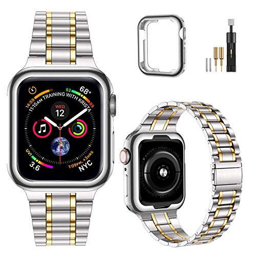 🔥 Crazy Deals MioHHR Solid Stainless Steel Band Compatible with Apple Watch 45mm 44mm 42mm,Metal Strap for iWatch Series 7 6 5 4 3 2 1 SE, Silver/Gold,42/44/45 mm