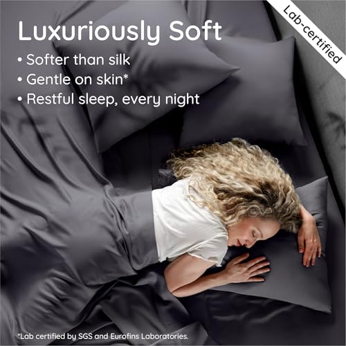 Image of Bambaw 100% Viscose Derived from Bamboo Sheets Queen Size Set - 4pcs Cooling Sheet Set, Super Soft Sheets Queen Size, Luxury Bed Sheets, Deep Pocket Fits Up to 16'' Mattresses (Charcoal)